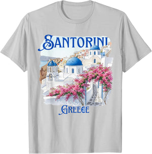 Santorini Greece Blue Domes Pink Flowers Souvenir T-Shirt - T-Shirt | Ash
