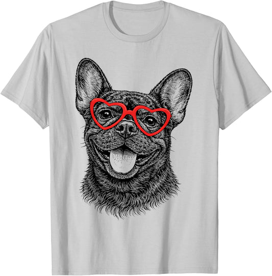 Funny French Bulldog Face Heart Glasses Dog Valentine's Day T-Shirt - T-Shirt | Ash