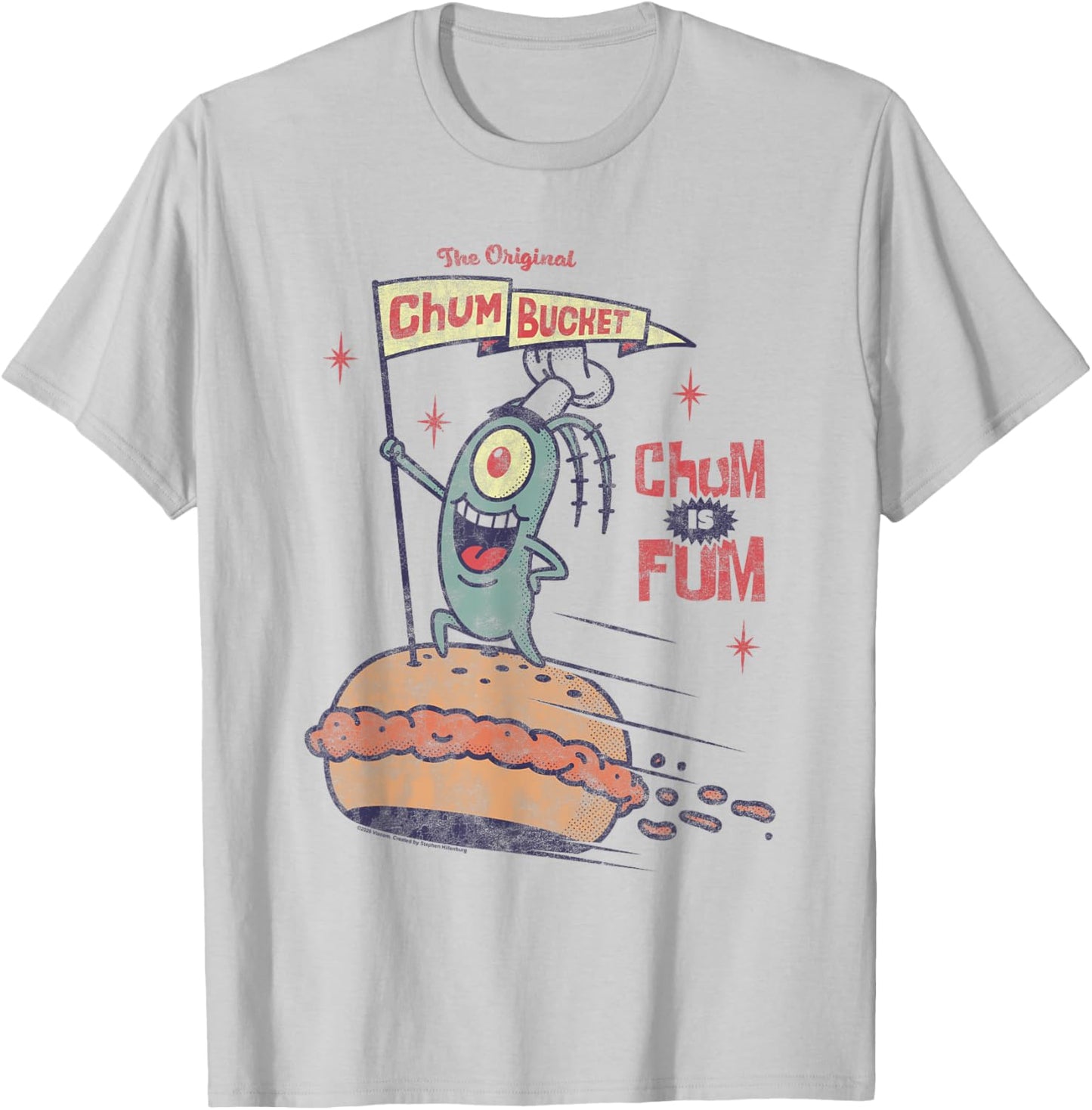 Spongebob Plankton Retro Chum Bucket Banner Cartoon T-Shirt - T-Shirt | Ash