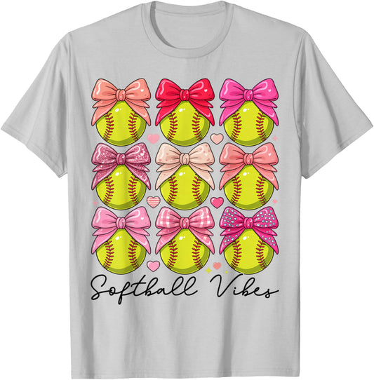 Softball Vibes Softball Coquette Bow Game Day Girls Women T-Shirt - T-Shirt | Ash