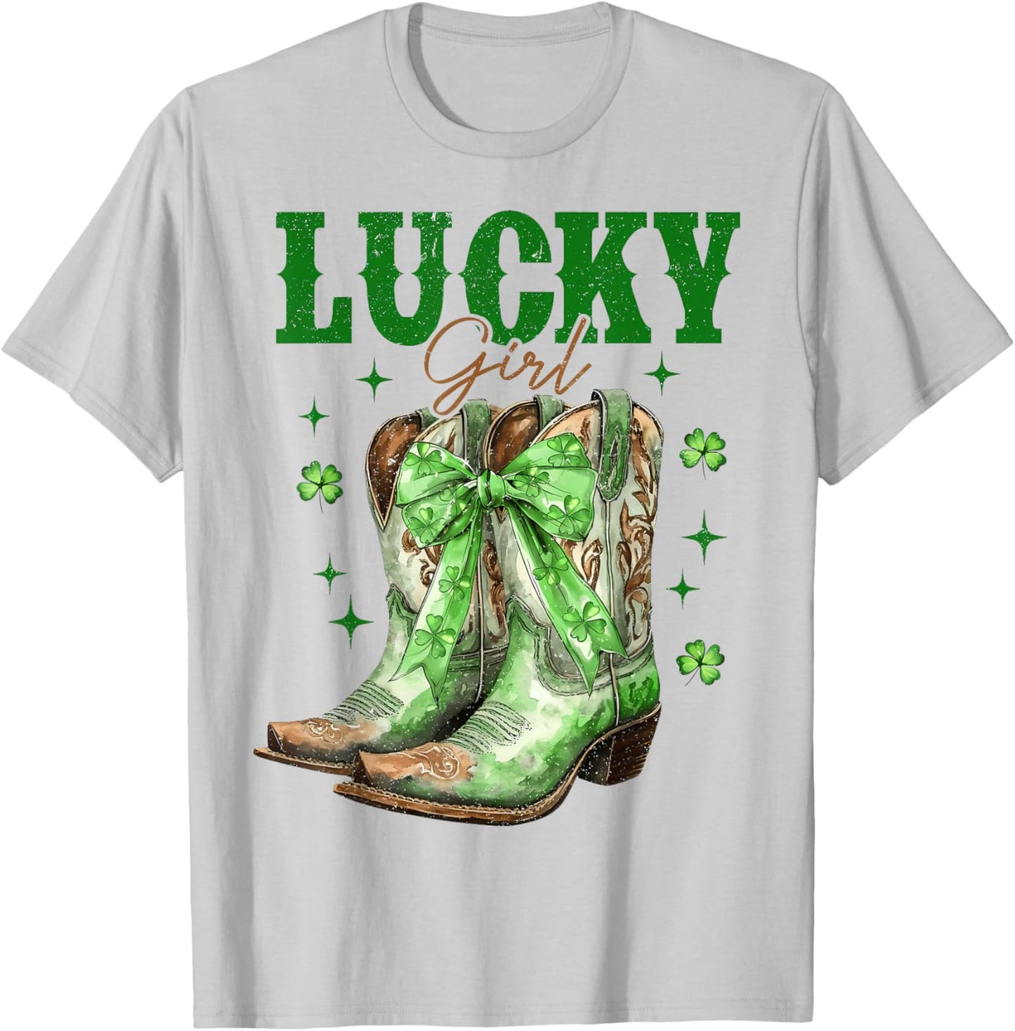 St Patrick's Day Cowboy Boots Green Shamrock Bow Lucky Girl T-Shirt - T-Shirt | Ash