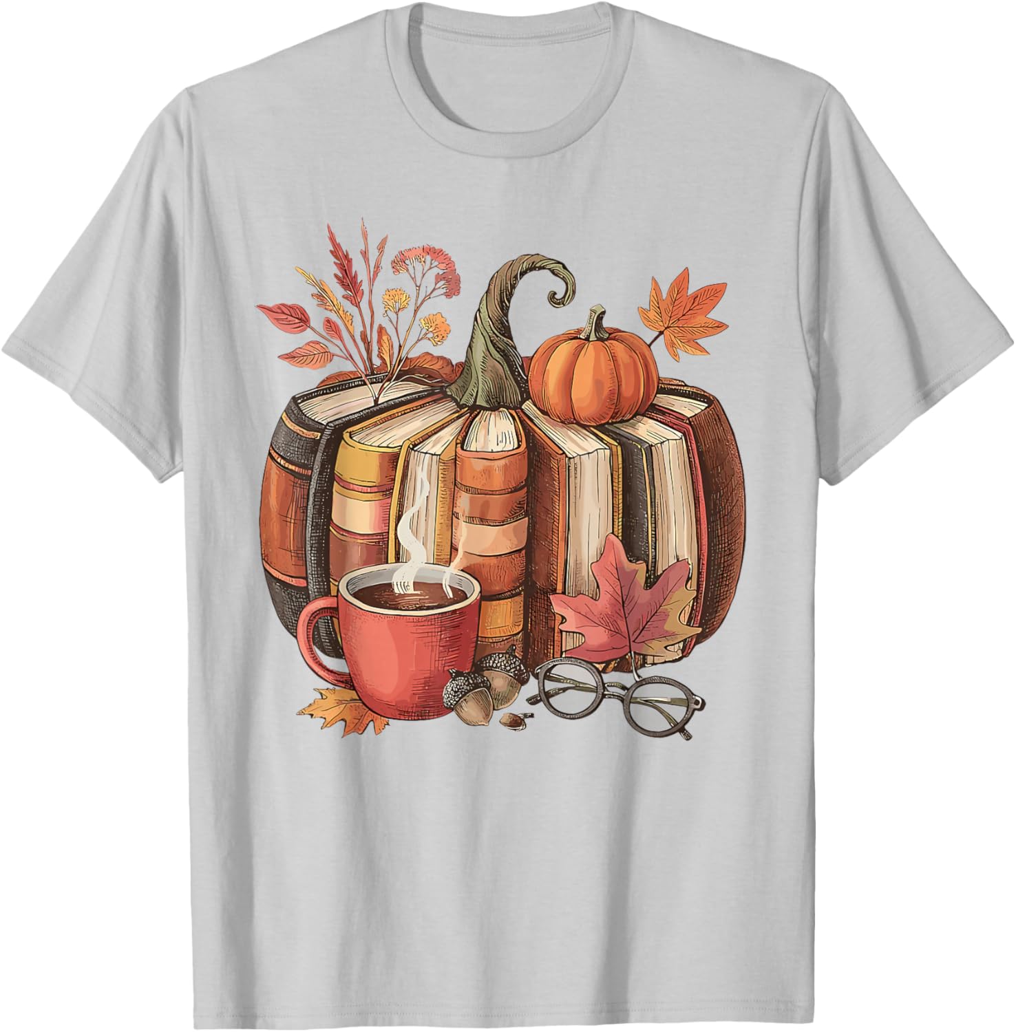 Fall Book Pumpkin Retro Reading Halloween Teacher T-Shirt - T-Shirt | Ash