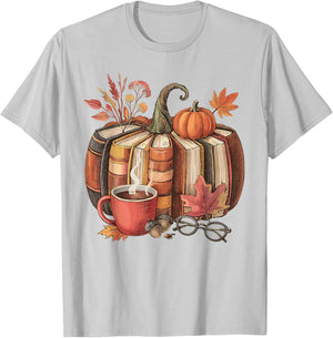 Fall Book Pumpkin Retro Reading Halloween Teacher T-Shirt - T-Shirt | Ash