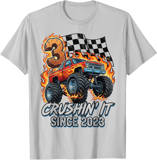 Birthday Monster Truck 3 Year Old Boys 3rd Party Born 2023 T-Shirt - T-Shirt | Ash