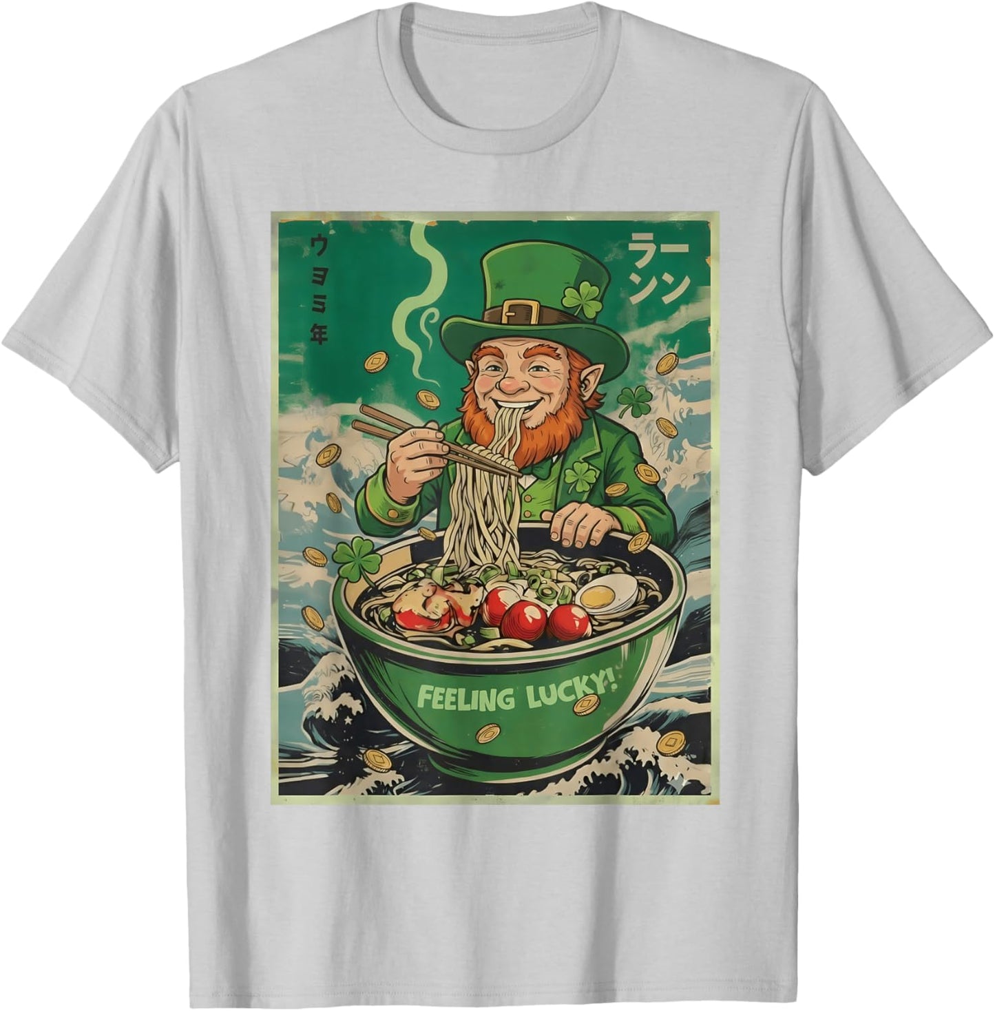 St Patrick Funny Leprechaun Lucky Chinese Ramen Men Women T-Shirt - T-Shirt | Ash