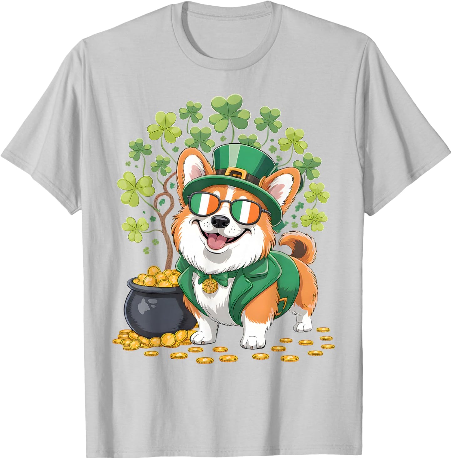 St Patricks Day Corgi Dog Shamrock Tree Leprechaun Hat T-Shirt - T-Shirt | Ash
