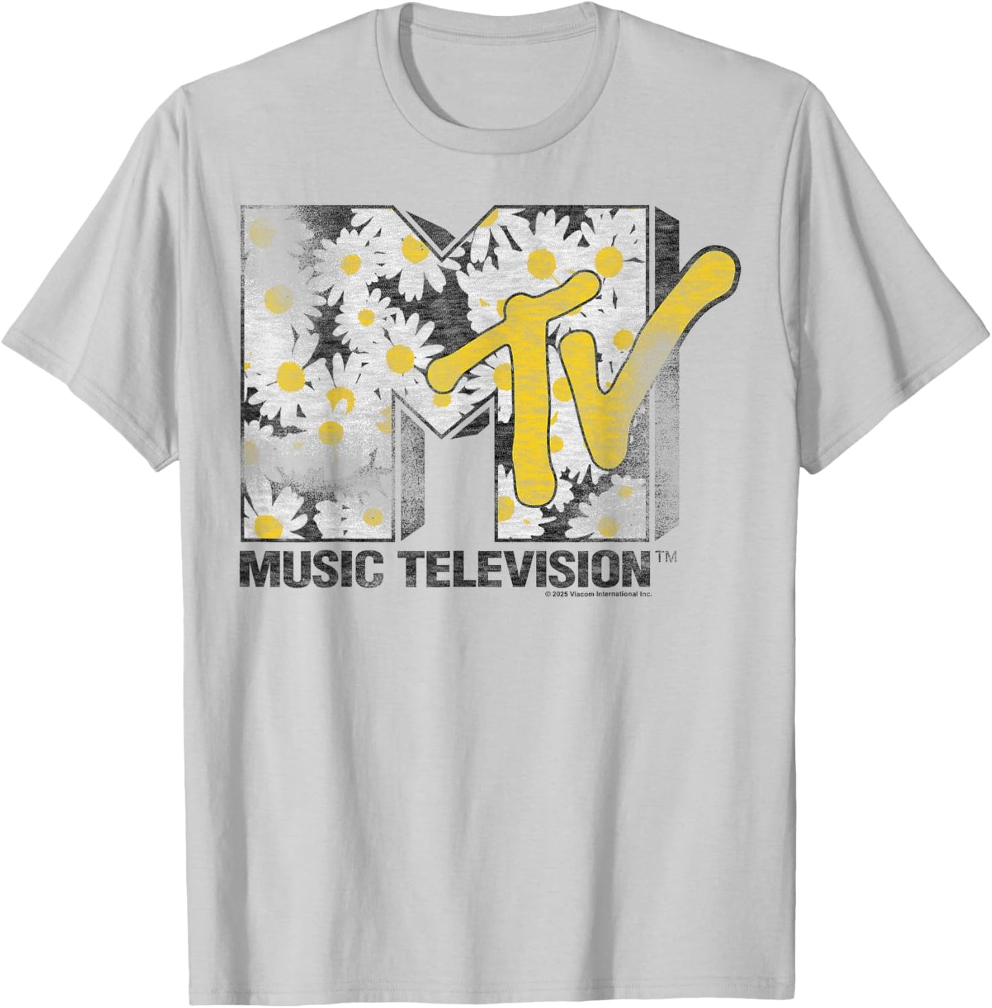 MTV Classic Distressed Logo Filled with Daisy Pattern T-Shirt - T-Shirt | Ash