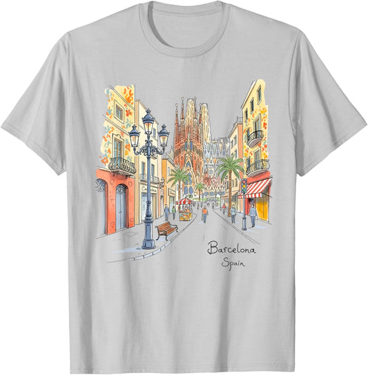 Barcelona Sagrada Familia Street Scene Art Souvenir T-Shirt - T-Shirt | Ash
