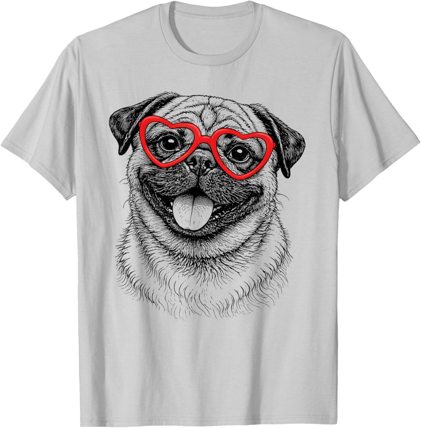 Funny Pug Face Heart Glasses Dog Valentine's Day T-Shirt - T-Shirt | Ash