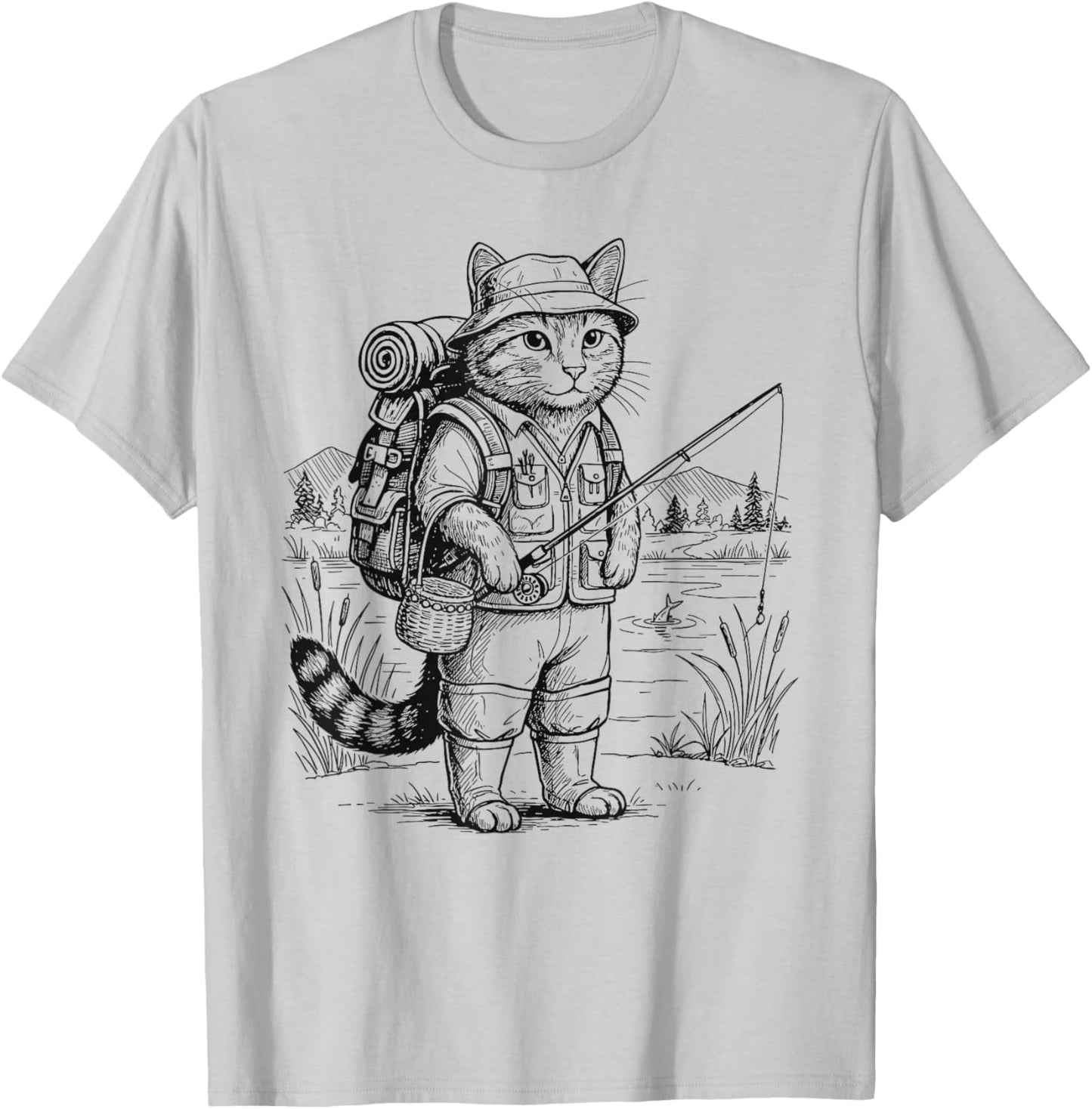 Fish Cat Fisherman T-Shirt - T-Shirt | Ash