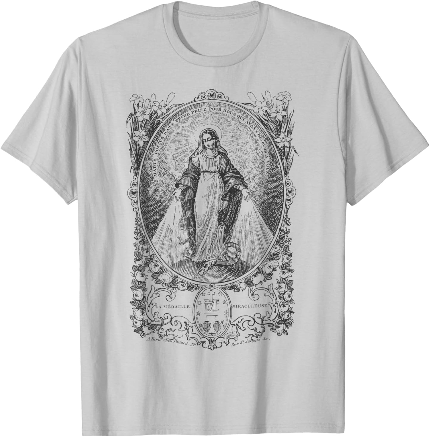 Miraculous Medal Our Lady Mary Marian Vintage Catholic Art T-Shirt - T-Shirt | Ash