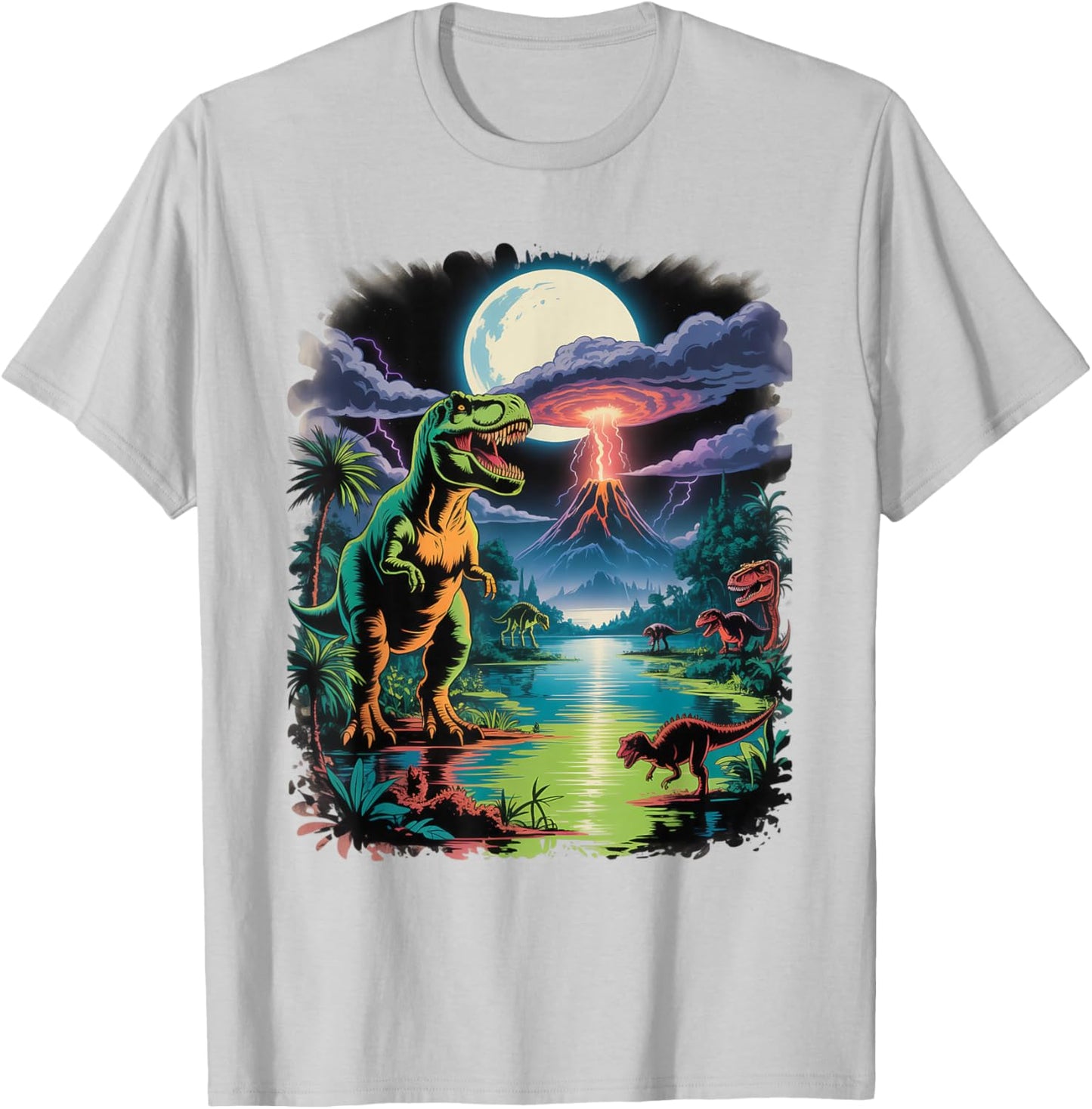 Vintage Retro 90s Airbrushed Dinosaur Jungle Volcano Scene T-Shirt - T-Shirt | Ash