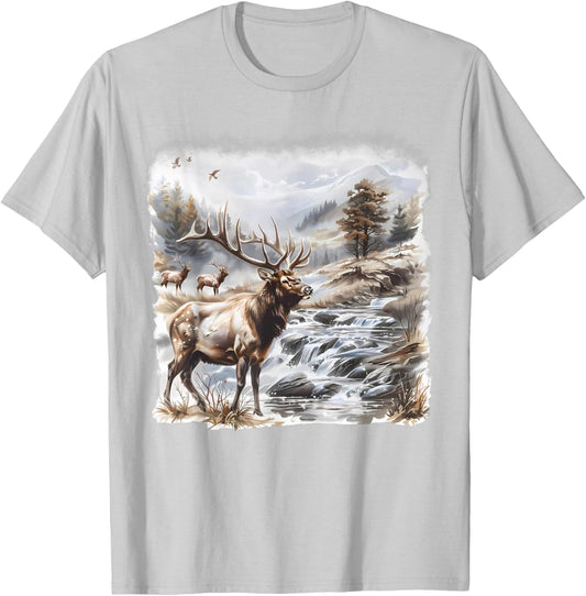 Vintage Elk Fall Hunter Scene 90s Bull Forest Nature Hunting T-Shirt - T-Shirt | Ash