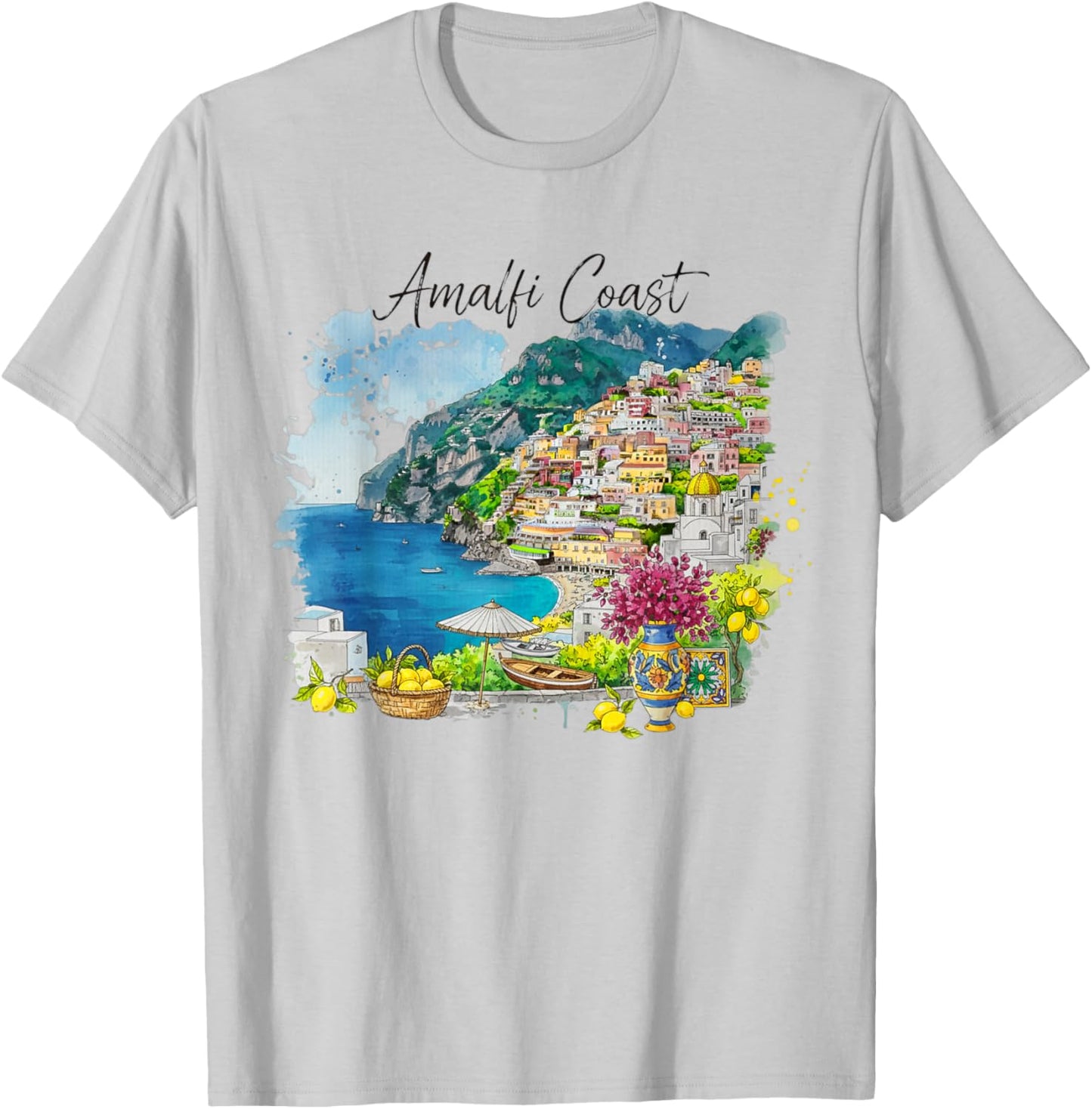 Amalfi Coast Italy Watercolor Scenery Travel Souvenir T-Shirt - T-Shirt | Ash