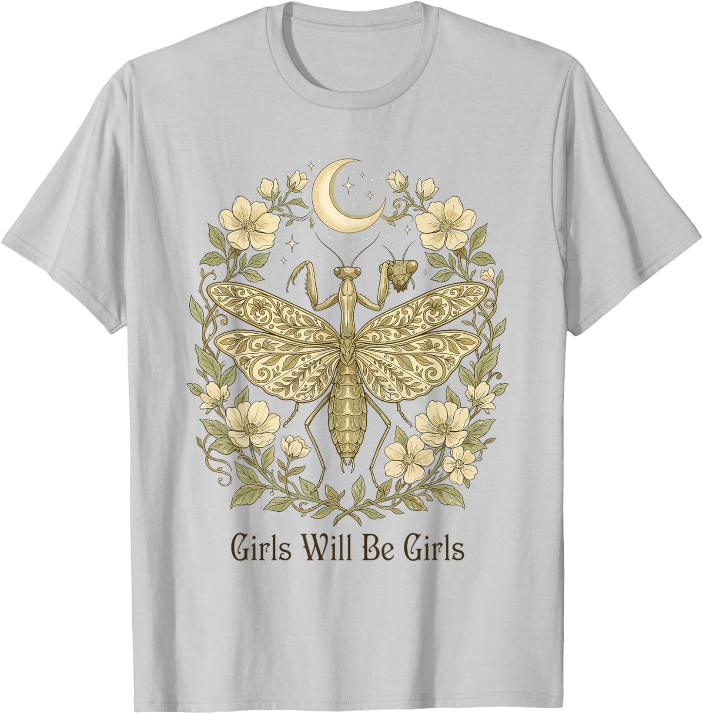 Girls Will Be Will Girls Praying Mantis Boho Celestial T-Shirt - T-Shirt | Ash