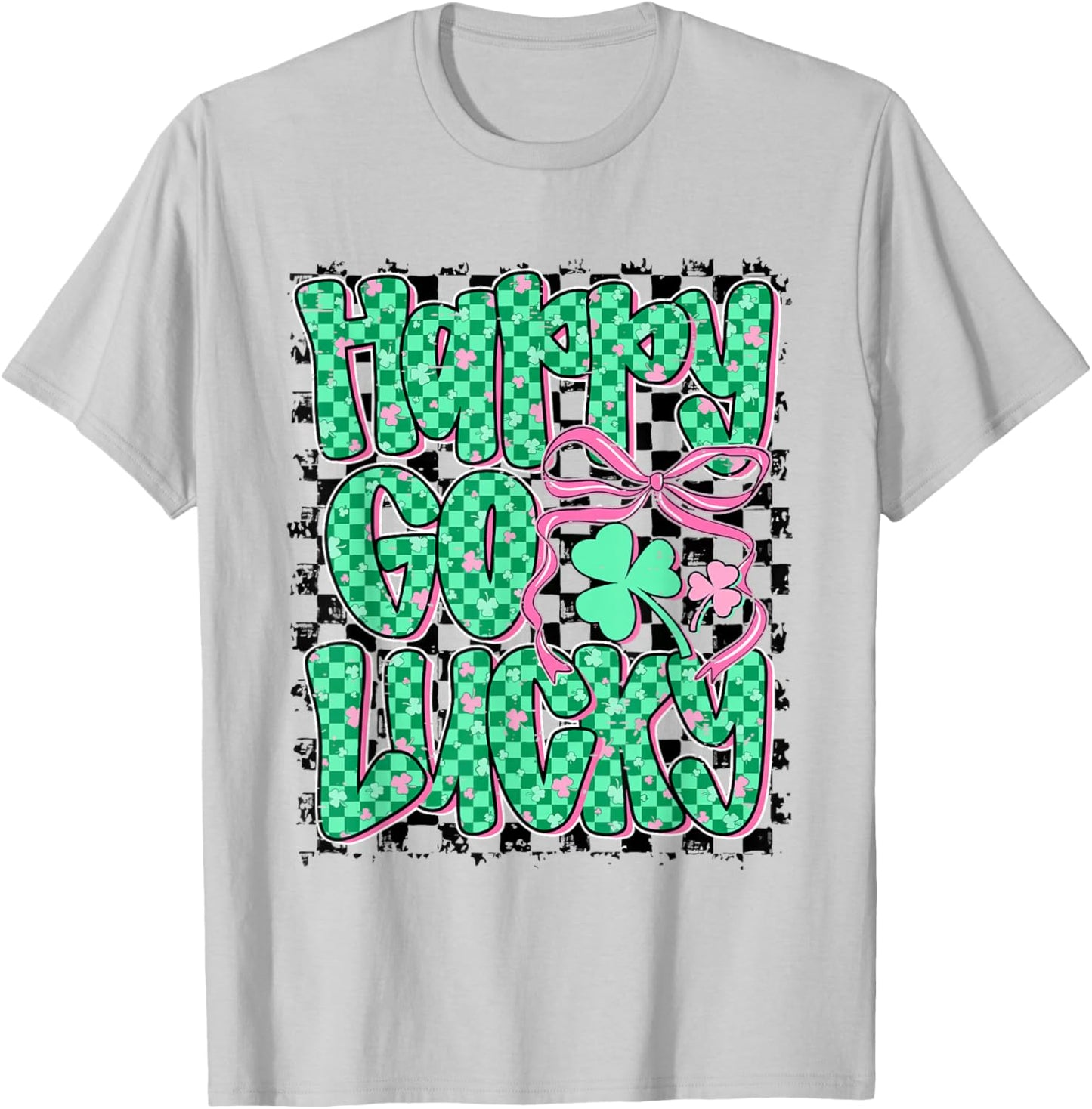 Retro Checkered Happy Go Lucky Shamrock Cute St Patricks Day T-Shirt - T-Shirt | Ash