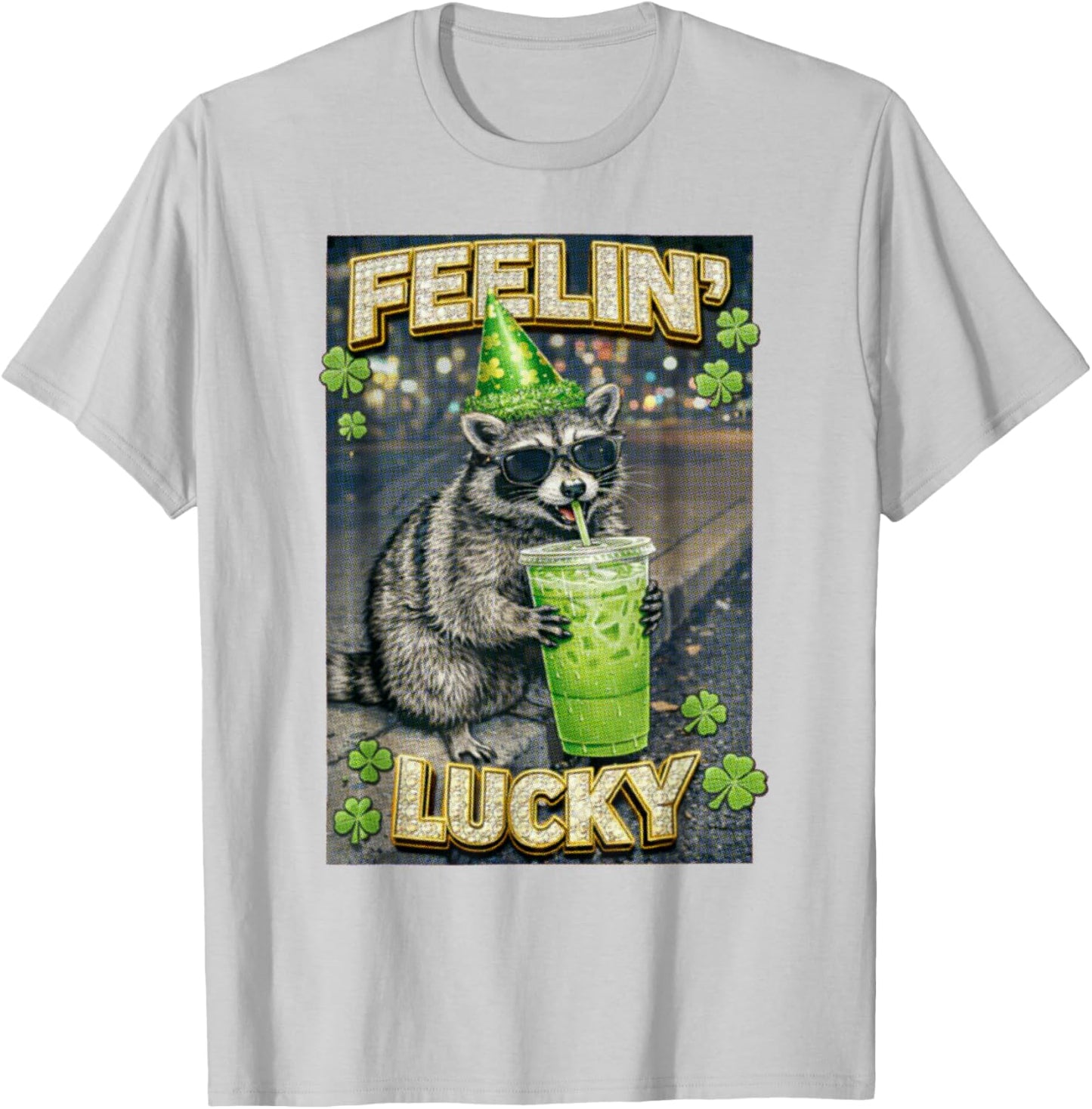 St Patricks Feeling Lucky Funny Racoon Coffee Lover Party T-Shirt - T-Shirt | Ash