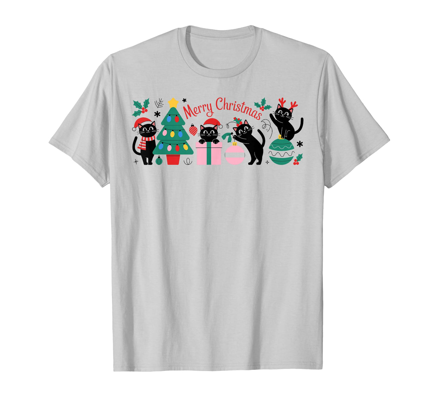 Black Cat Merry Christmas for Funny Men Boys Grandkids Xmas T-Shirt