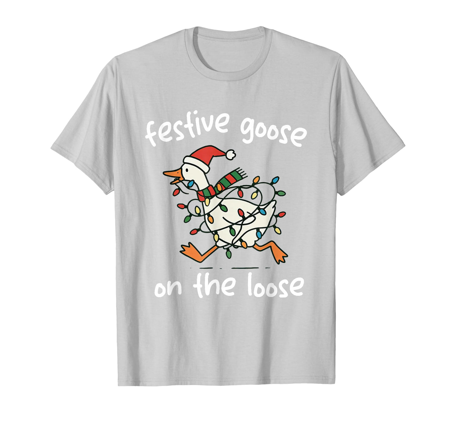 Festive Goose-On-The-Loose Santa Hat Christmas Lights Humor T-Shirt