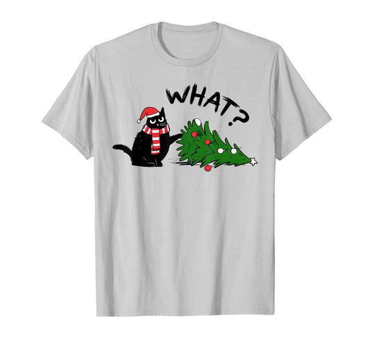 Funny Black Cat What? Christmas Tree Funny Cat Lover T-Shirt