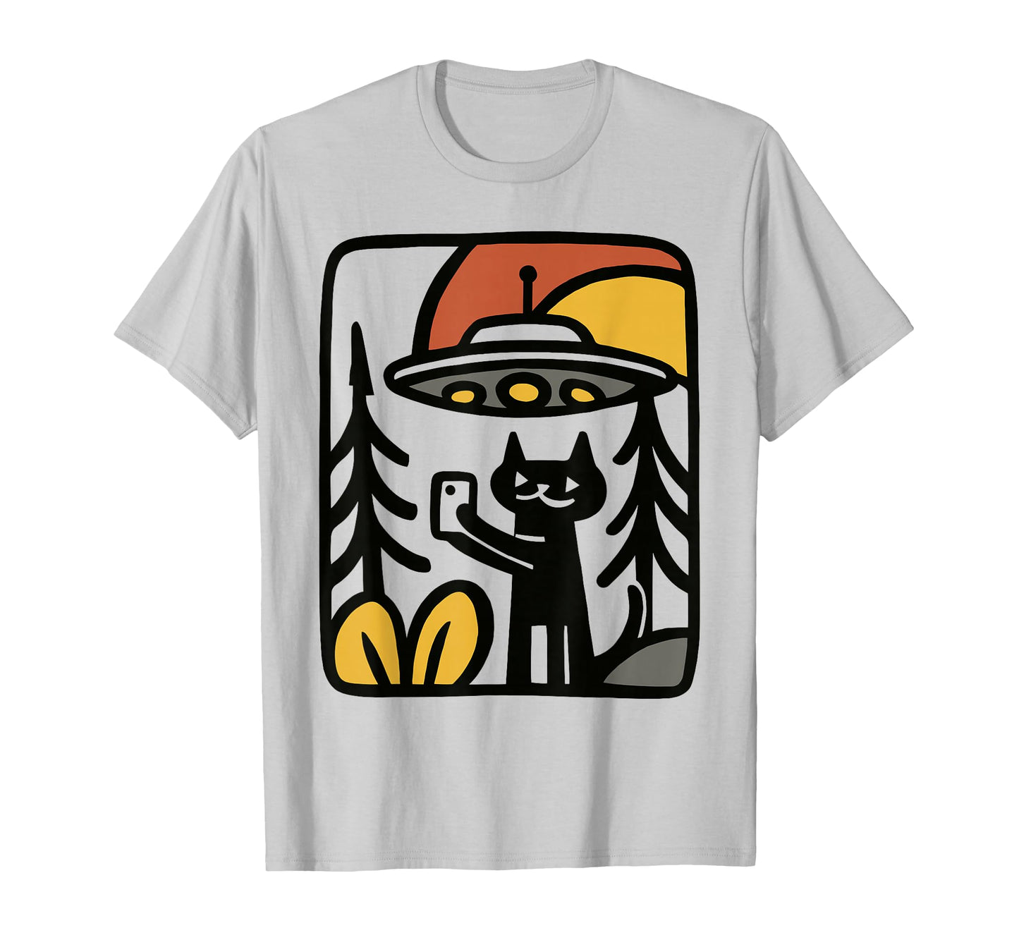 Black Cat UFO Selfie – Funny Alien Forest Art Illustration T-Shirt