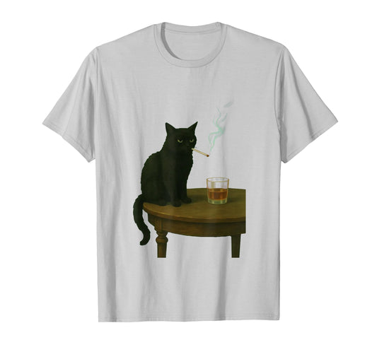 Moody Black Cat Smoking Cat with Whiskey Dark Humor T-Shirt