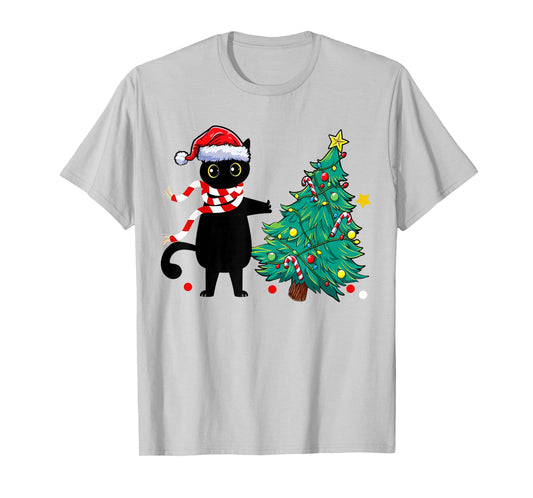 Christmas Cat for Women Men Family Funny Black Cat Tree T-Shirt