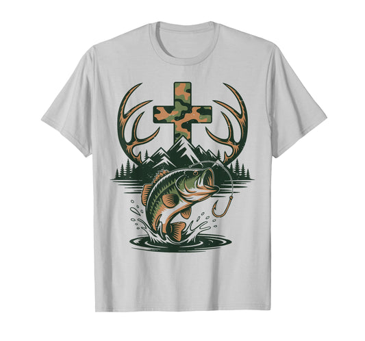 Youth Camo Faith Hunting Fishing Cross Fisherman Christian T-Shirt