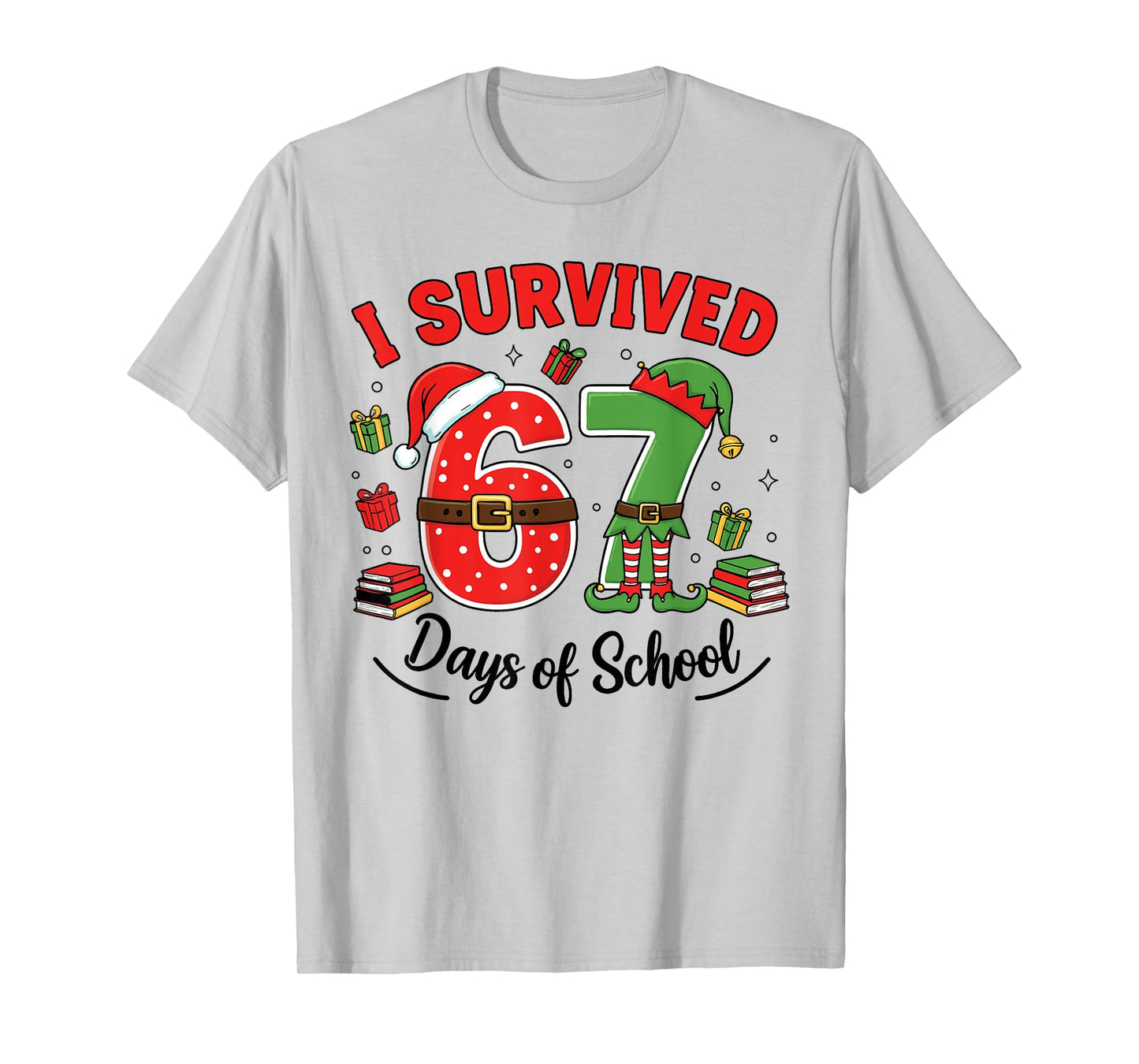 Funny Christmas Teacher Santa I Survived 67 Days of School T-Shirt