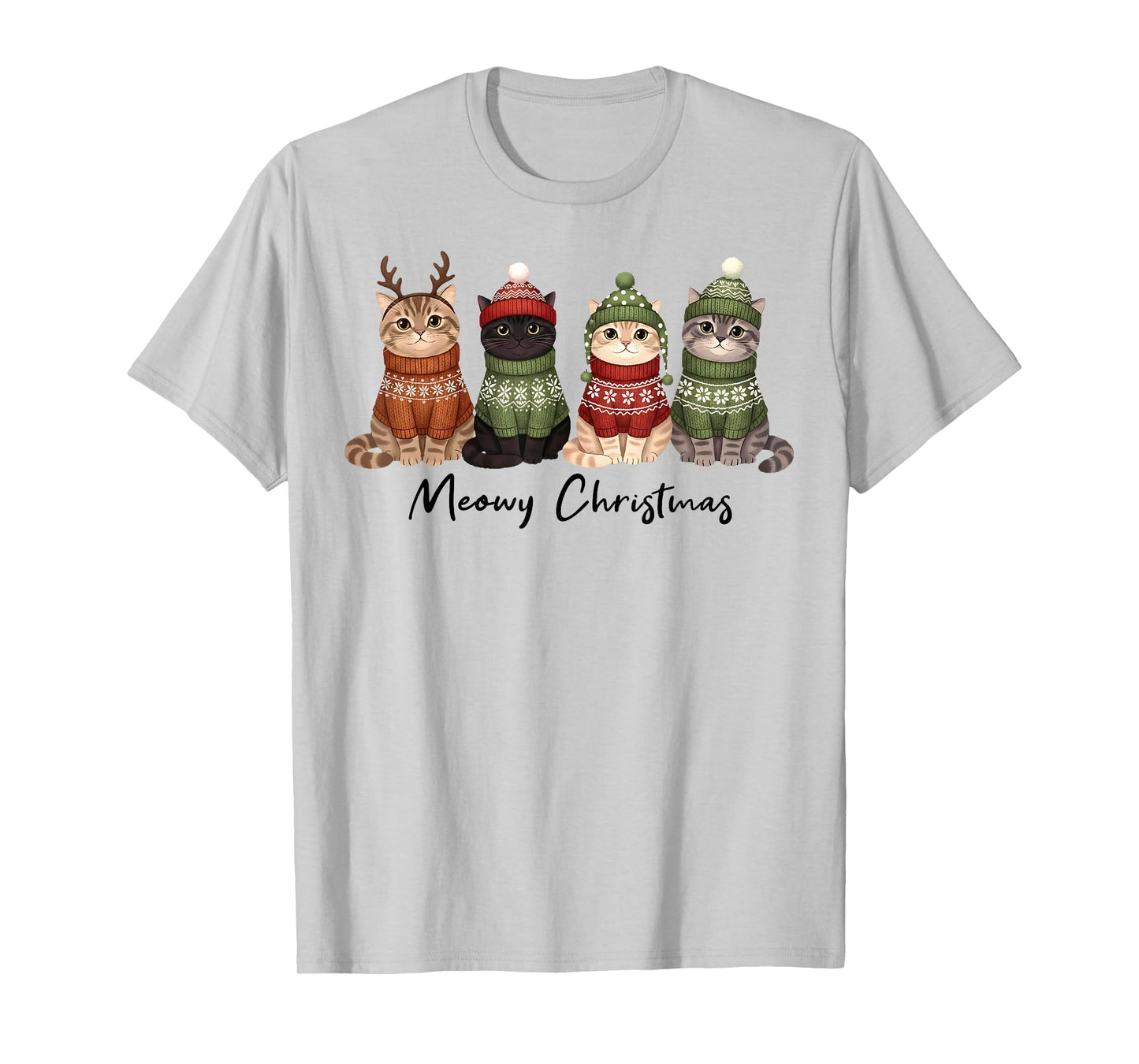 Cat Christmas Light Reindeer Santa Meowy Christmas Cat Lover T-Shirt