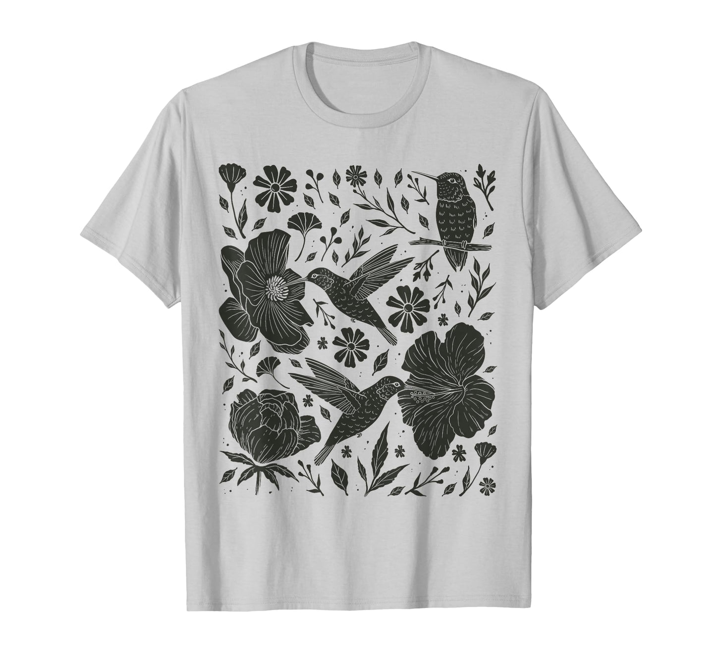 Folklore Forest Hummingbird Linocut Nature Lino Print Folk T-Shirt