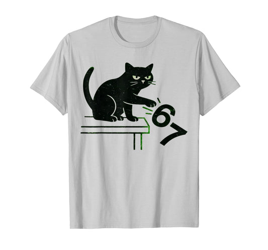 Six Seven Funny 6 7 Meme Cat Knocking Off 67 Funny Cat Funny T-Shirt