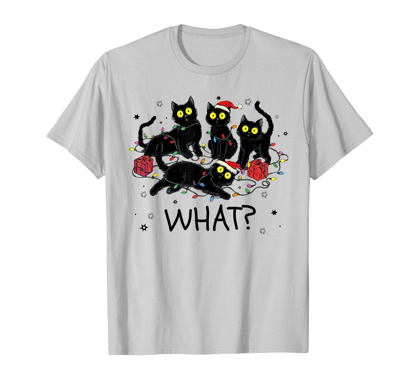 Funny Black Cat What? Christmas Tree Meme Xmas Men Women T-Shirt