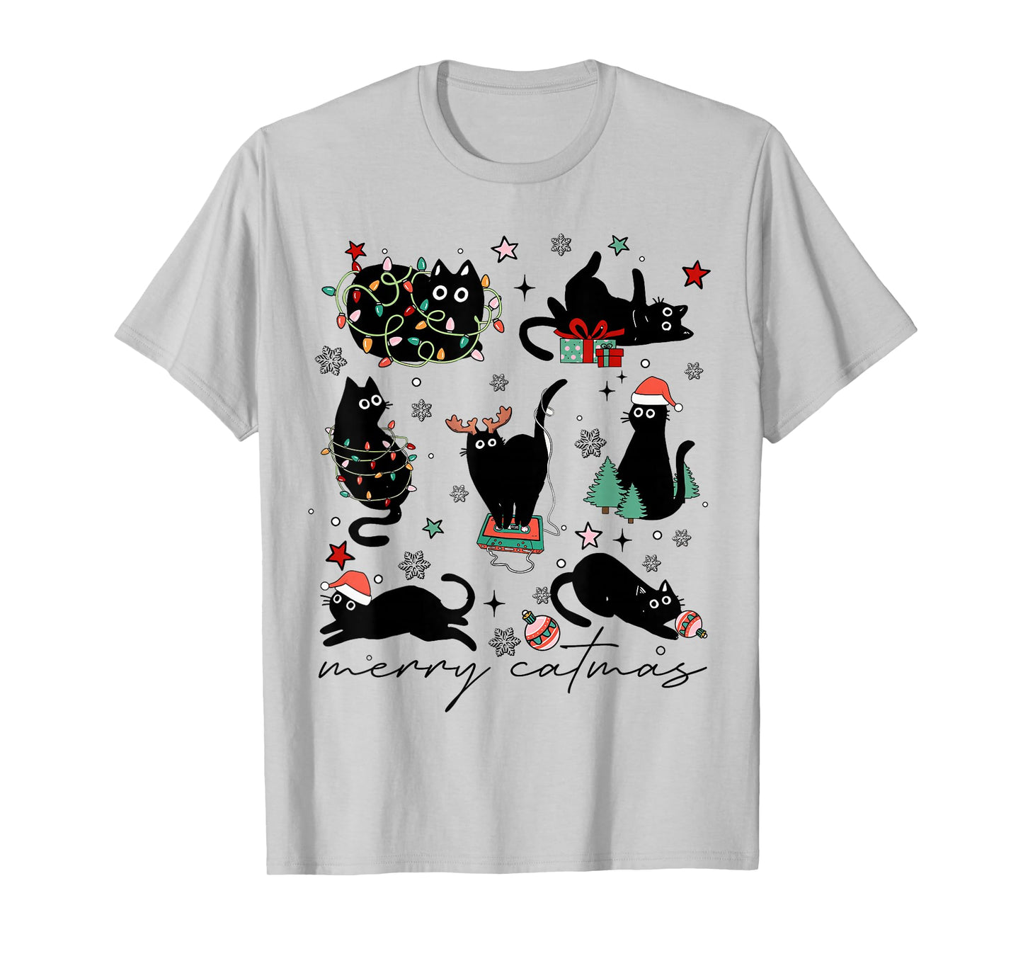 Funny Merry Catmas Christmas Tree Cats Tangled Lights Gifts T-Shirt