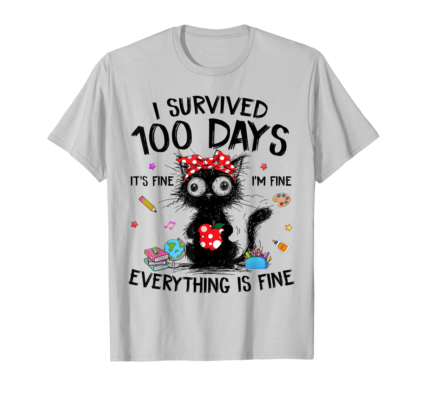 Funny Cat I Survived 100 Days of School Shirts Teacher Kids T-Shirt