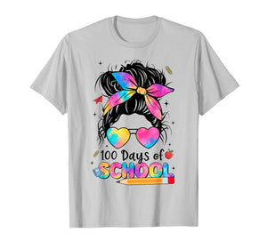 100 Days of School Groovy Messy Bun Bandana 100th Day Girl T-Shirt