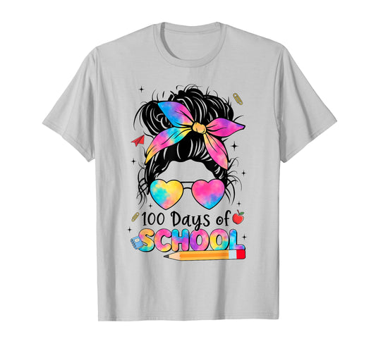 100 Days of School Groovy Messy Bun Bandana 100th Day Girl T-Shirt