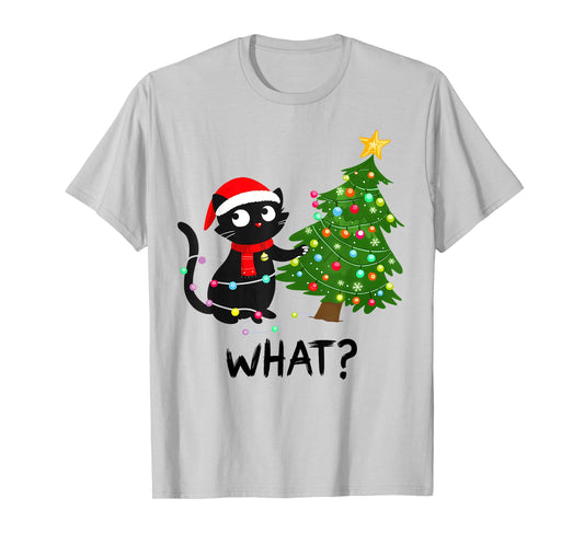 Funny Black Cat What? Christmas Tree Funny Cat Lover T-Shirt