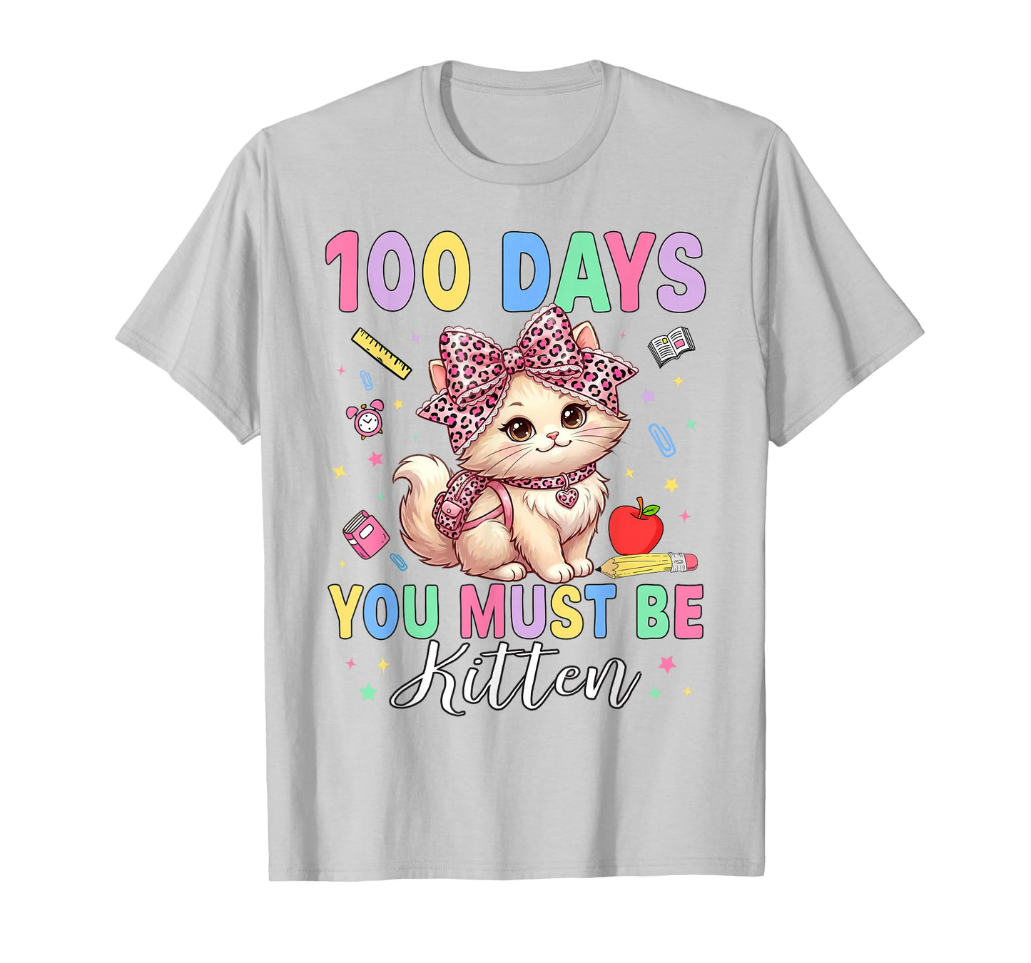 100 Days of School Girls Leopard Bow 100th Day of School Cat T-Shirt