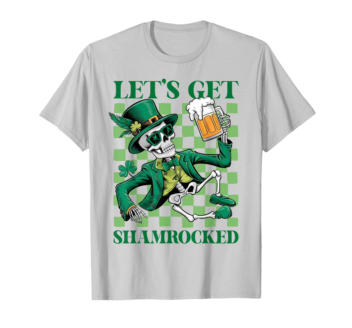 Lets Get Retro Shamrocked Skeleton Drink Checkered Graphic T-Shirt