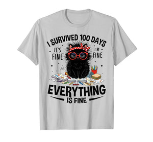I Survived 100 Days of School Teacher Kids 100th Day Cat T-Shirt