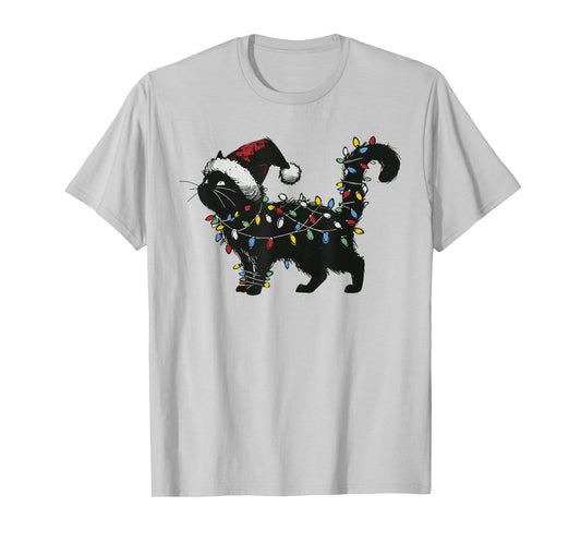 Black Cat Christmas Lights Santa Hat for Mens Womens Kids T-Shirt