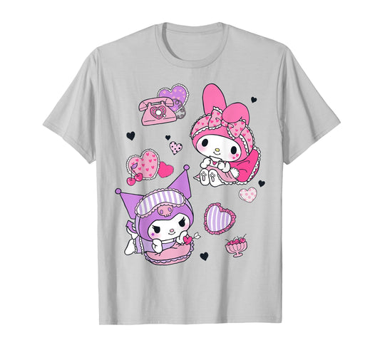 Hello Kitty My Melody and Kuromi Sleepover Fun Flying Hearts T-Shirt