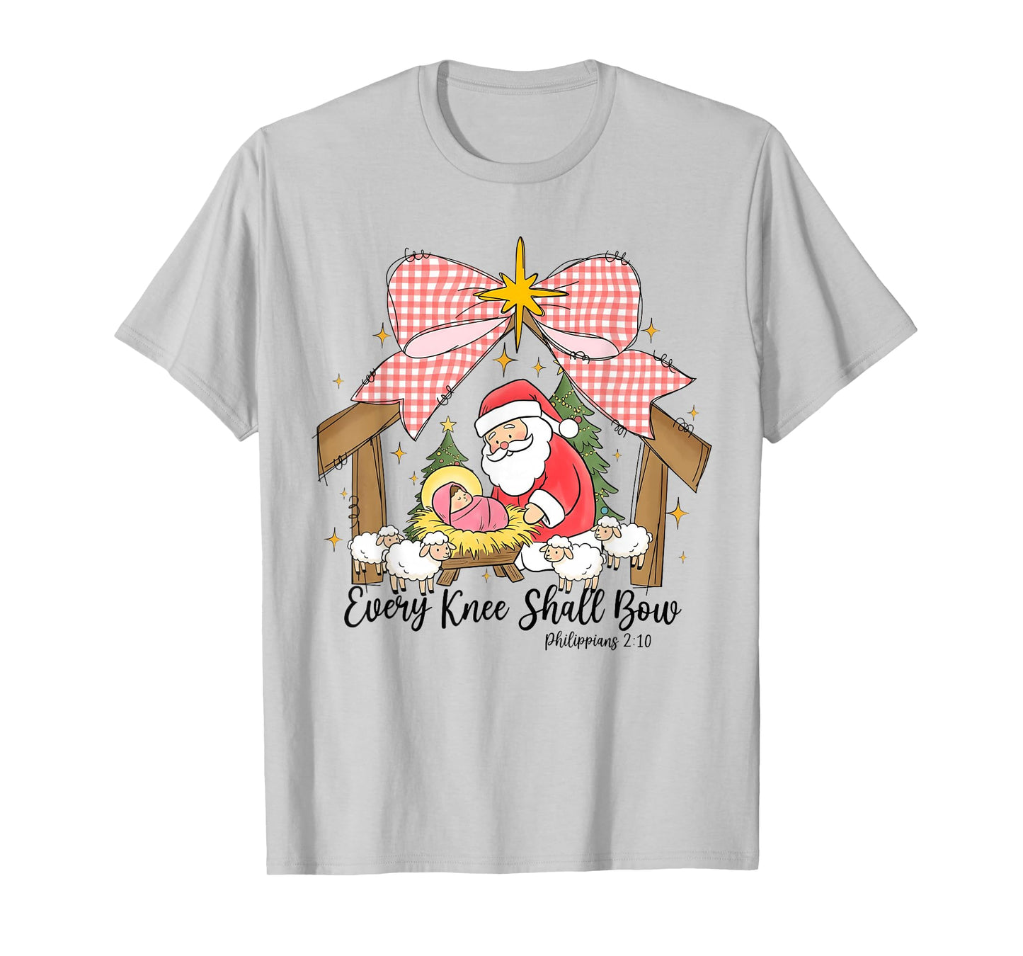 Every Knee Shall Bow Kneeling Santa Baby Jesus Nativity T-Shirt