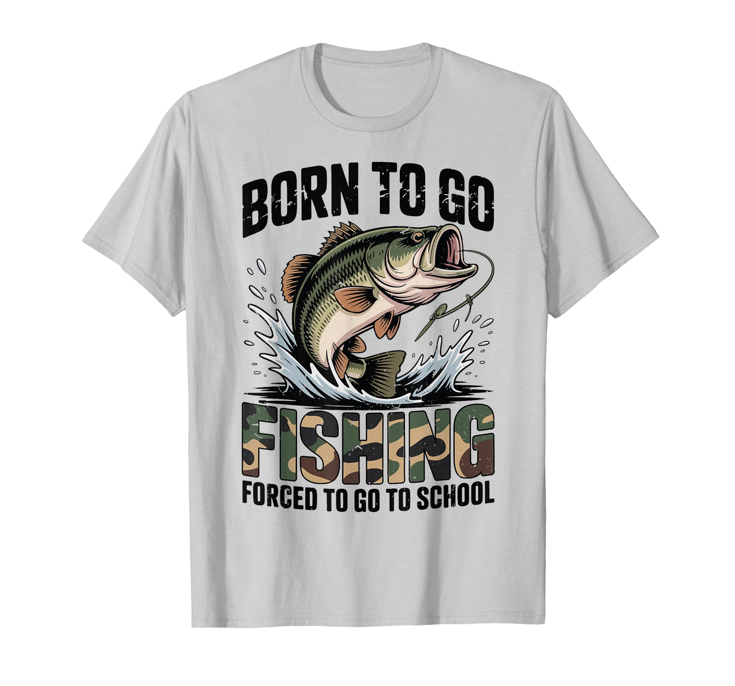 Youth Boy Camo Bass Fish Born Go Fishing Forced School Funny T-Shirt