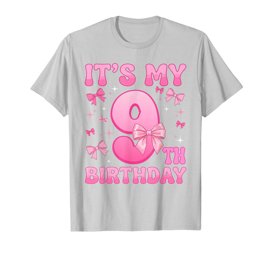 9th Birthday Shirt for Girls Coquette Bow Nine 9 Year Old T-Shirt