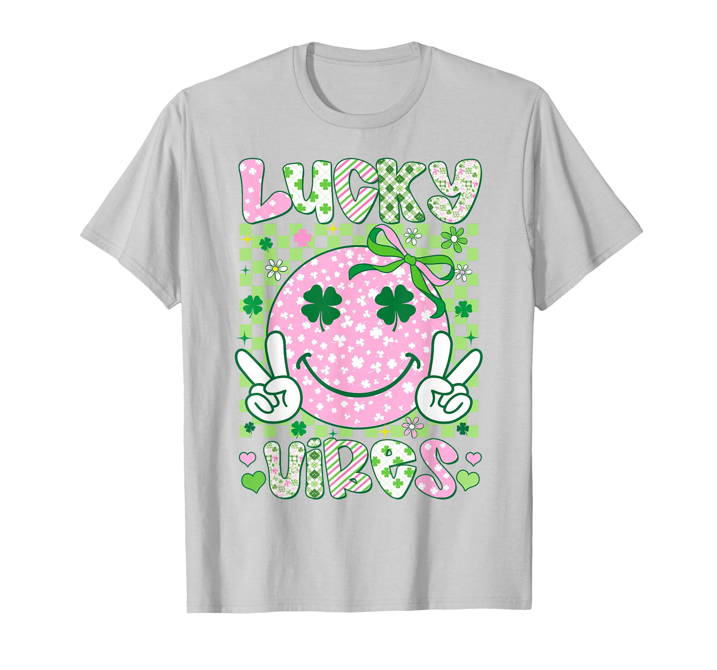Kids St Patricks Day Lucky Vibes Shamrock Pink Women Girls T-Shirt