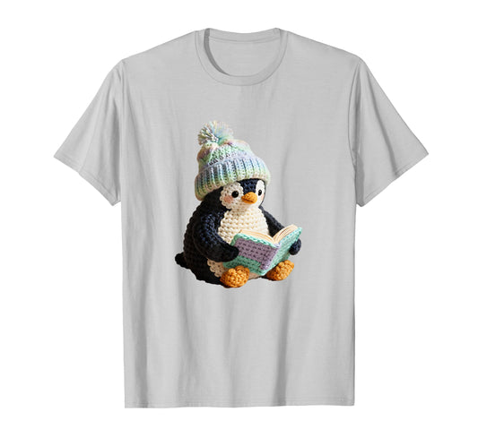 Cute Penguin Reading Book Faux-Crochet Print T-Shirt