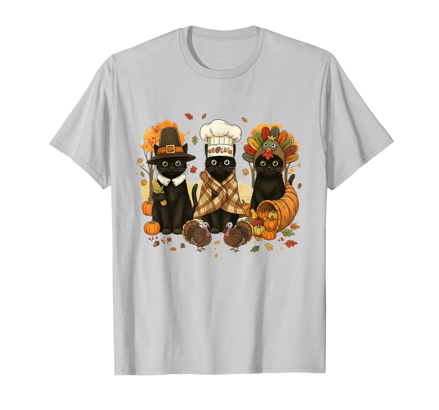 Retro Black Cat Cute Fall Turkey Thanksgiving Women Men Kids T-Shirt