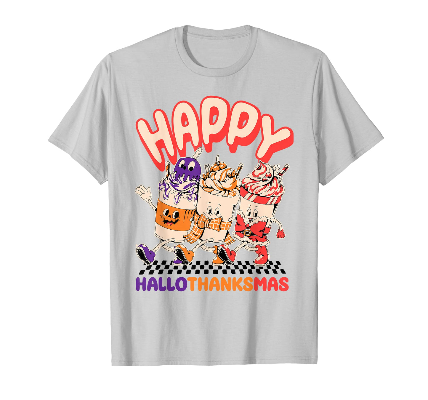 Happy Hallothanksmas Halloween Thanksgiving Christmas Design T-Shirt